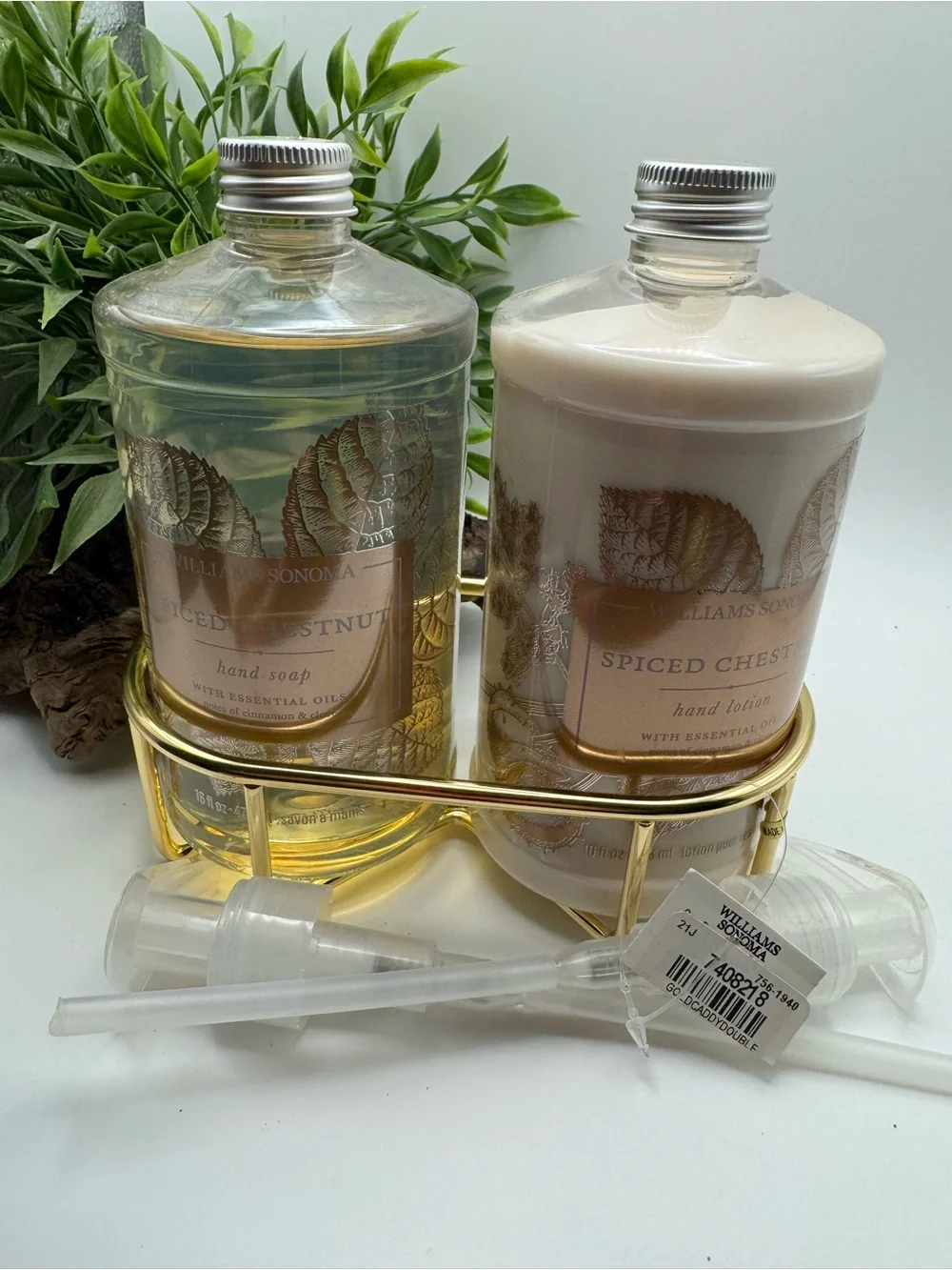Williams Sonoma spiced chestnut hand soap and lotion set, NWT. With tray & pumps